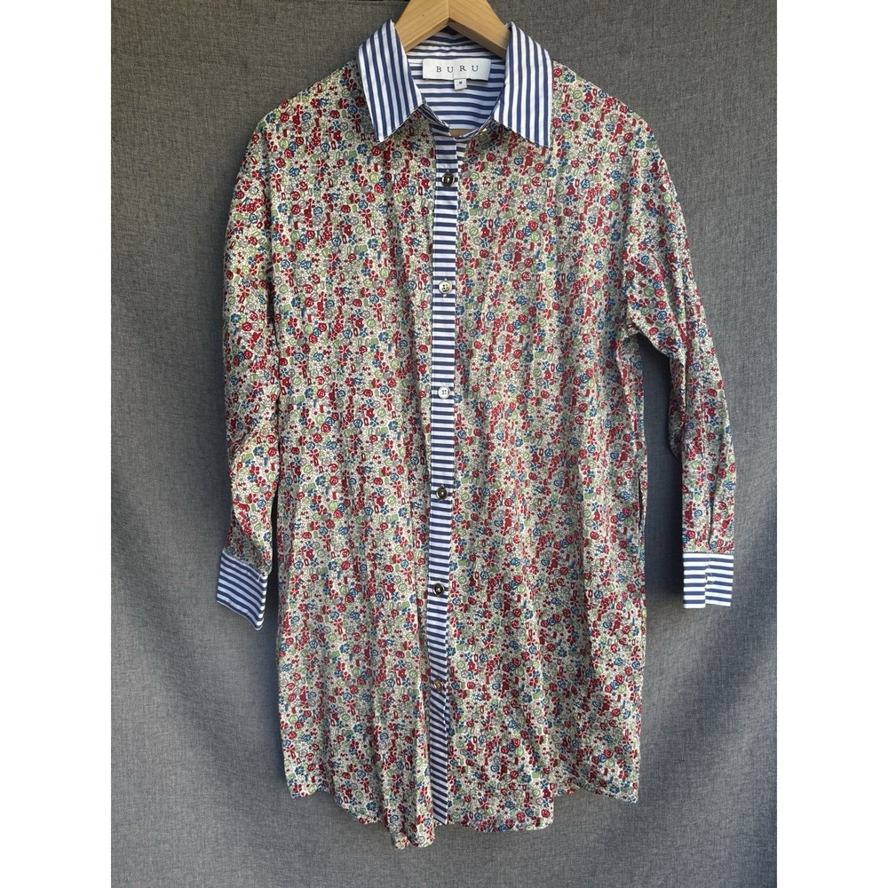 BURU Midi Boyfriend Shirt Dress Floral Stripe Button Down Size Medium